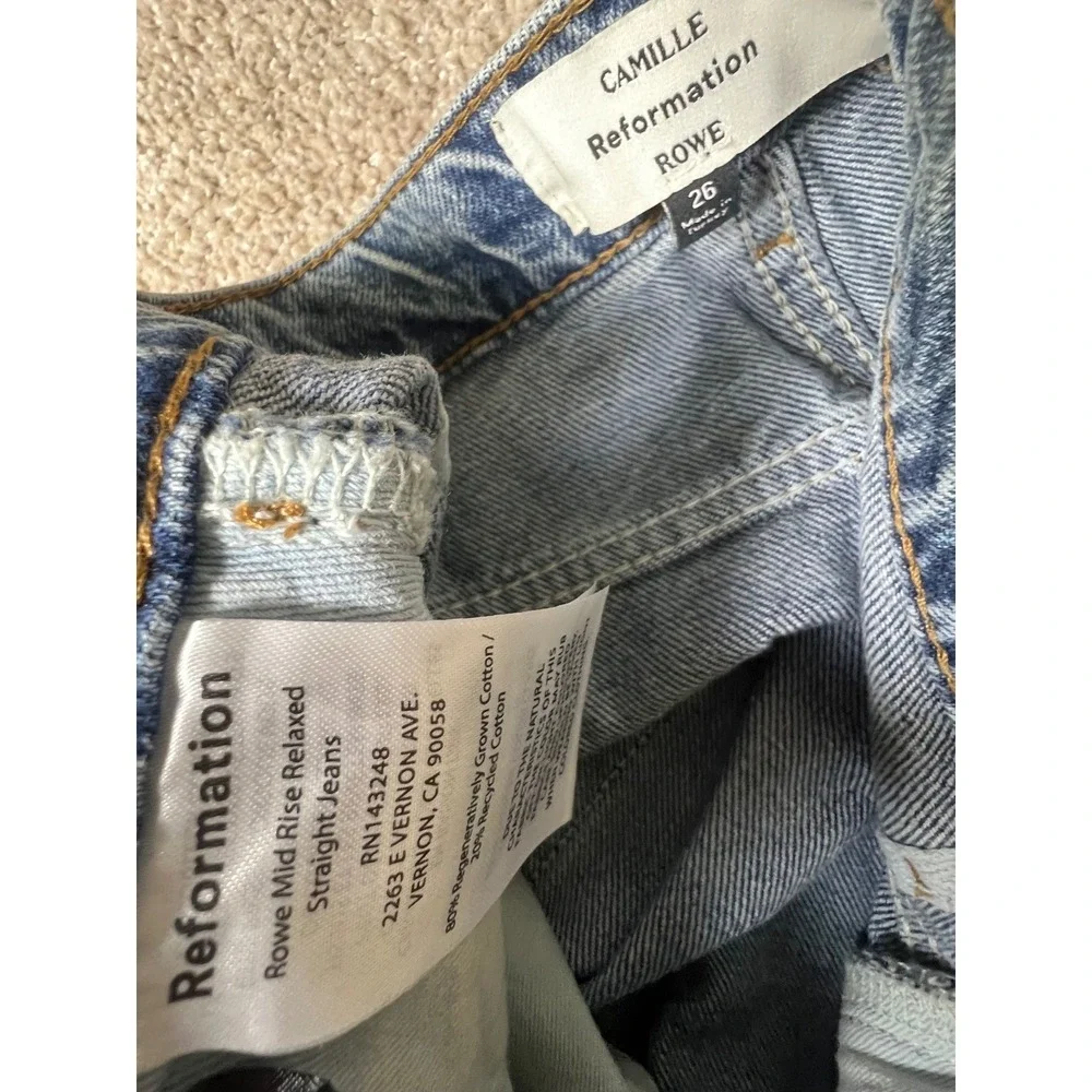 Reformation Camille Rowe Mid Rise Relaxed Straight Jeans Blue 26 Medium Wash